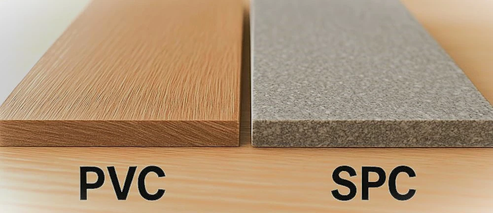 PVC vs SPC vs WPC flooring comparison - three vinyl flooring types side by side showing cross-section differences, rigid SPC core vs flexible PVC vs foamed WPC PVC vs SPC vs WPC flooring comparison - three vinyl flooring types side by side showing cross-section differences, rigid SPC core vs flexible PVC vs foamed WPC
